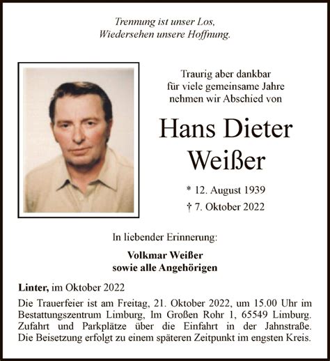 Traueranzeigen von Hans Dieter Weißer trauer rheinmain de