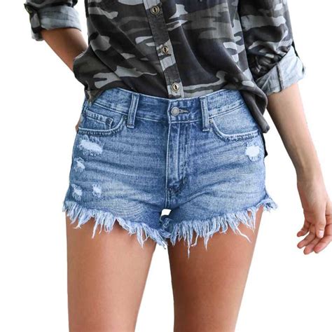 Slimming Ripped Frayed Fringed High Waisted Fringe Denim Shorts Sunifty