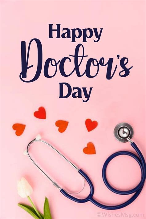 Happy Doctors Day Card With Stethoscope And Flowers On Pink Background