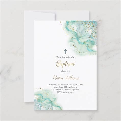 Teal Ink And FAUX Glitter Baptism Invitation Zazzle