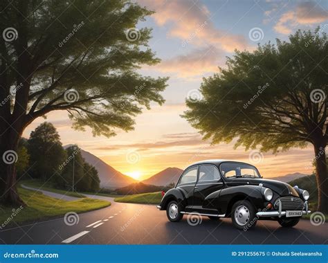 Classic Car on the Road Sunset Background Stock Illustration ...