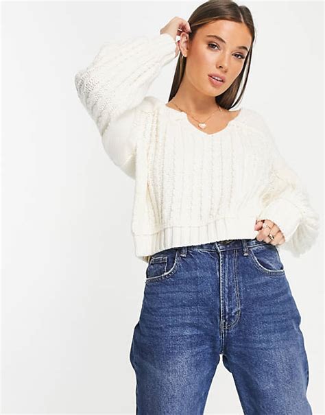 Asos Design V Neck Sweater In Mixed Cable Stitch In Cream Asos