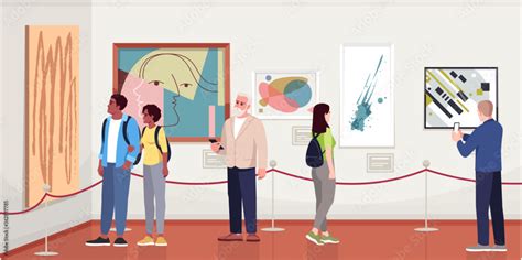 People In Contemporary Art Gallery Semi Flat Vector Illustration