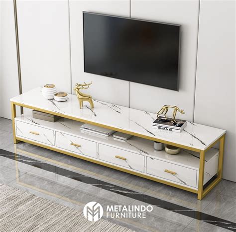 Bufet Tv Minimalis Marmer Putih Rangka Besi Metalindo Furniture