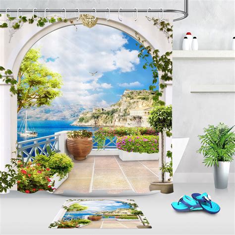 Seaside Serenity Greek Arch Balcony Ocean View Shower Curtain Set With