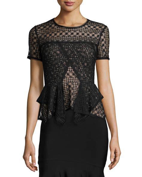 Bcbgmaxazria Karine Short Sleeve Lace Peplum Top In Black Lyst