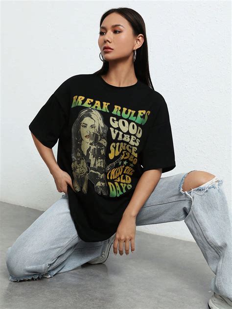 SHEIN Coolane Figure Slogan Graphic Drop Shoulder Tee SHEIN USA