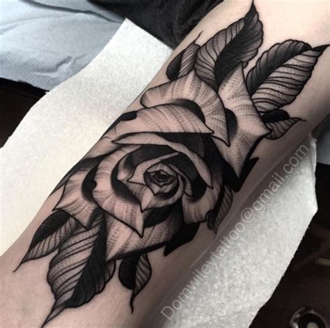 Big Black Ink Very Detailed Rose Flower Tattoo On Forearm