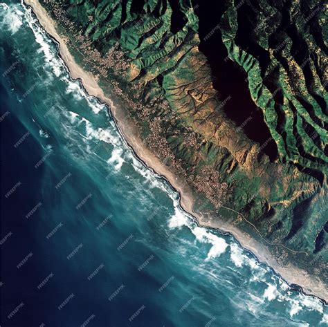 A satellite view of a coastline before and after a tsunami showing the