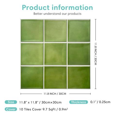 Commomy 10 Pcs 3d Square Green Peel And Stick Backsplash Tile Decorative Wall Panels Matte 11