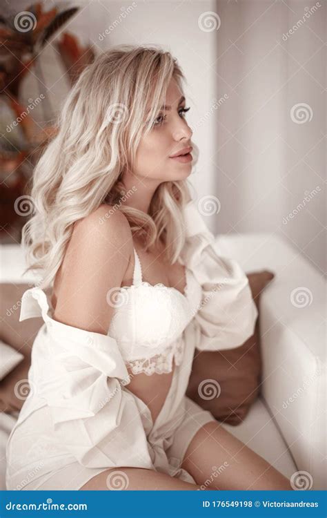 Blonde Bride Portrait In White Shirt And Lingerie Beautiful Fashion