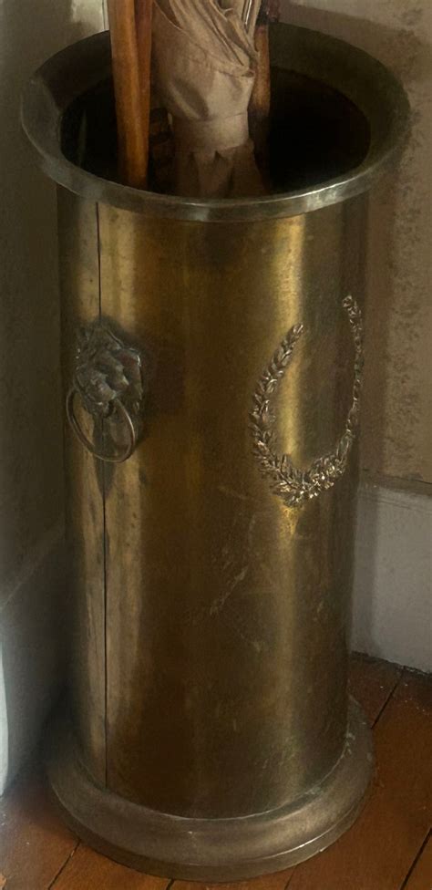 Vintage Brass Umbrella Stand With Lion Head Shing Handles Diam X