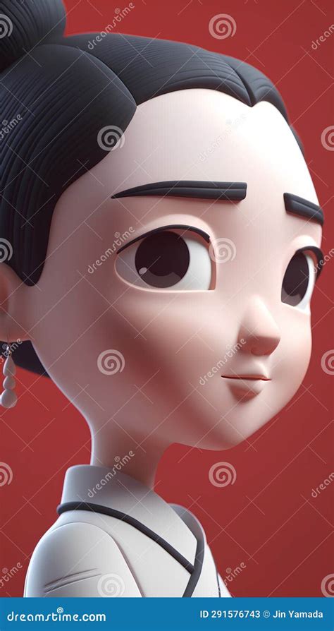 Cute Japanese Girl On Red Background 3d Render Cartoon Style Stock