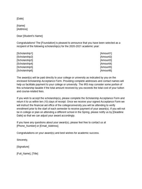 Scholarship Award Letter Template 1 Pdf