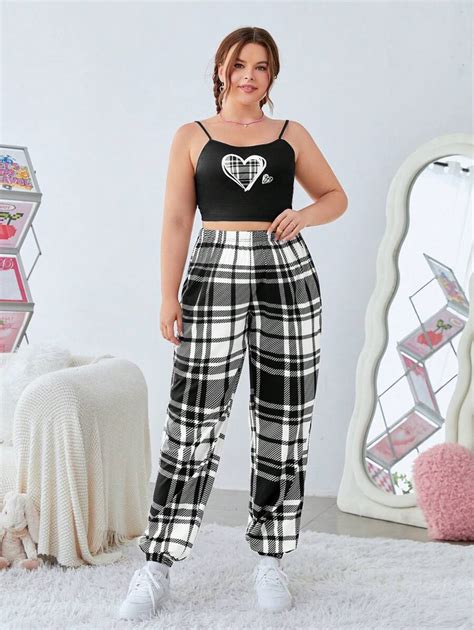 Shein Qutie Plus Size Women S Love Heart Plaid Print Tank Top Pants