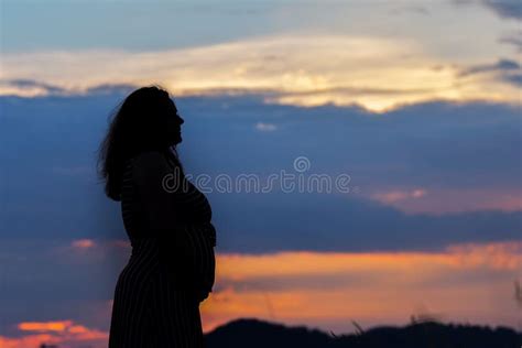 One Pregnant Woman On Sunset Landscape Stock Image Image Of Adult