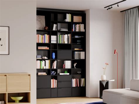 Tall Slim Common_Matte_Black Bookcase with Doors and Drawers - 146x223x40cm