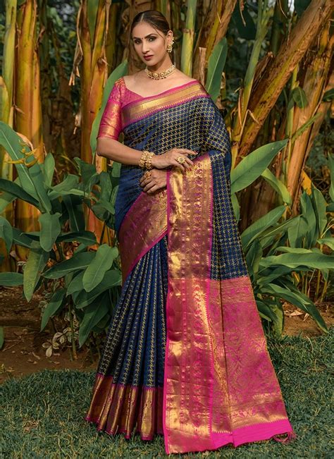 Buy Blue Handloom Silk Kanchipuram Saree Festive Wear Online At Best