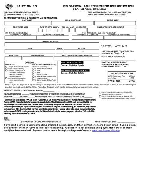 Fillable Online Usa Swimming Seasonal Athlete Registration