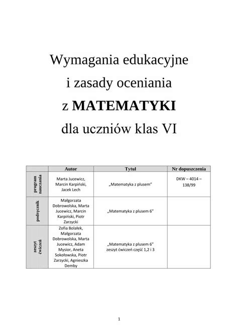 PDF Wymagania Edukacyjne I Zasady Oceniania Z MATEMATYKI 1