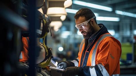 Premium Ai Image Worker In Uniform And Safety Glasses At A Machine In A Production Workshop