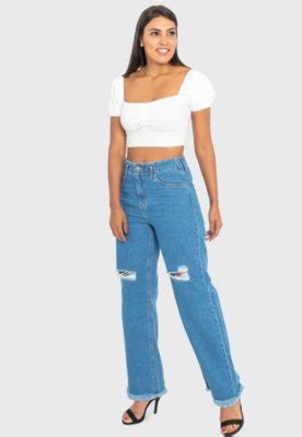 Cal A Jeans Feminina Wide Leg Rasgada Barra Desfiada Tendencia Compre