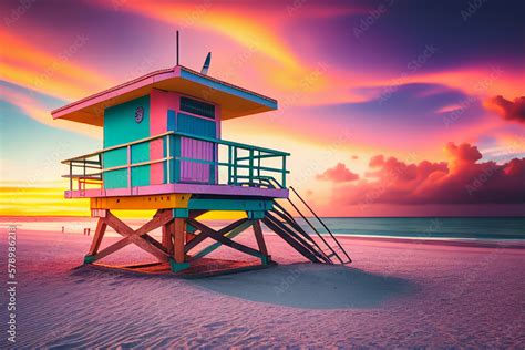 Lifeguard Tower On Beach On Sunset Miami Beach With Lifeguard Tower