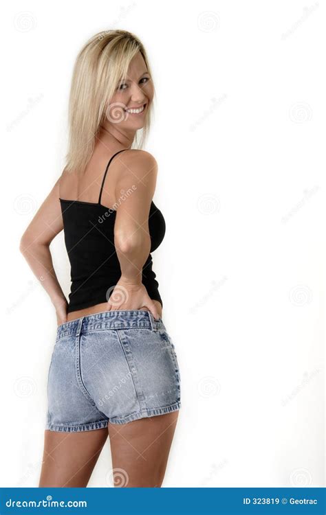 Platinum Blonde Model In Tank Tee And Jean Shorts Stock Image Image