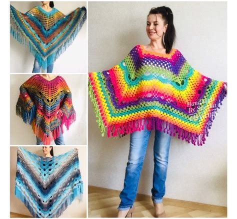 Crochet Poncho Women Plus Size Rainbow Festival Pride Vegan Clothing Fringe Hippie Poncho