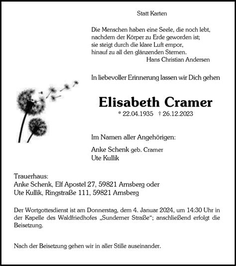 Traueranzeigen Von Elisabeth Cramer Trauer In Nrw De