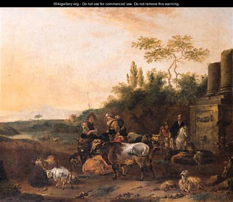 Cowherds And Shepherds With Cattle By Classical Ruins In An Italianate