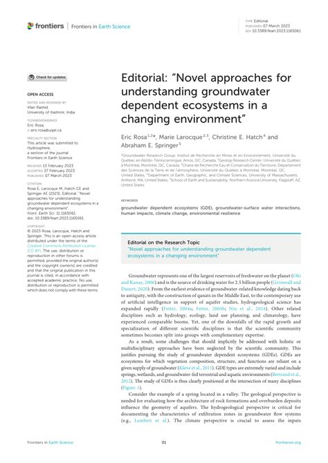 Pdf Editorial Novel Approaches For Understanding Groundwater