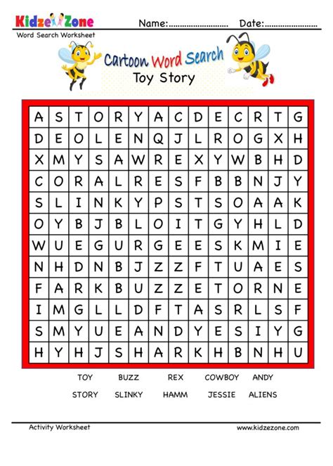 Toy Story Cartoon Word Search Worksheet Kidzezone