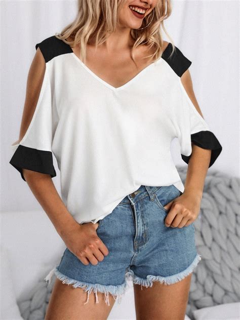 Contrast Color V Neck Cold Shoulder T Shirt Fashion Off Shoulder T Shirt Womens Fashion