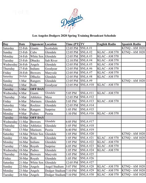 Dodgers Spring Training Schedule Sue Nadiya