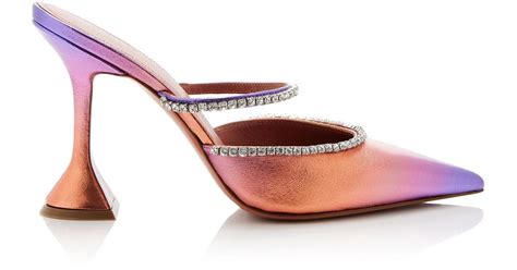 Amina Muaddi Gilda Crystal Embellished Metallic Leather Mules In Pink