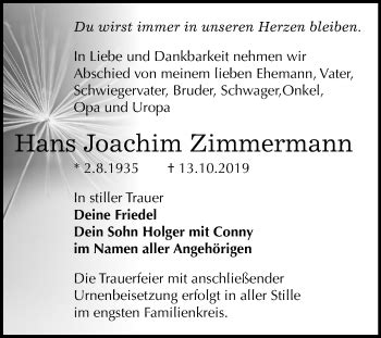 Traueranzeigen Von Hans Joachim Zimmermann Abschied Nehmen De