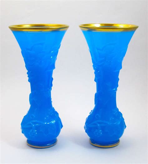 Pair Of Antique Baccarat Blue Opaline Glass Vases