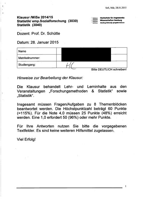 Se S Sch Tte Klausur W Hc Std Statistik Und Laborpraktikum Studocu