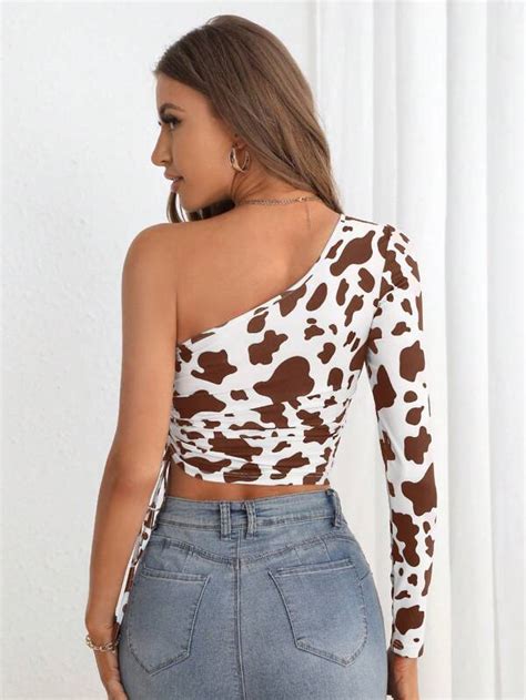 Shein Priv Cow Print One Shoulder Drawstring Side Crop Tee Shein Usa