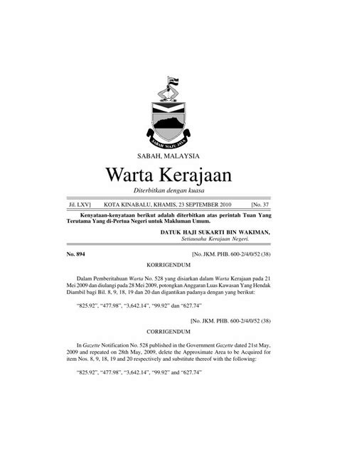 PDF SABAH MALAYSIA Warta Kerajaan Ordinan Pengambilan Tanah Yang