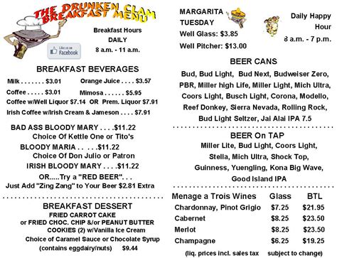 Menu at The Drunken Clam pub & bar, Saint Pete Beach