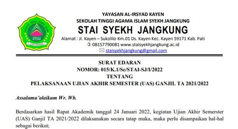 Surat Edaran Pelaksanaan Ujian Akhir Semester Uas Ganjil Ta 20212022 Stai Syekh Jangkung