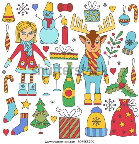 Cute Colorful Christmas Doodles Collection New Stock Vector Royalty