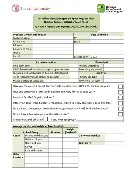 Fillable Online Nmsp Cals Cornell Nutrient Balance Calculator Input