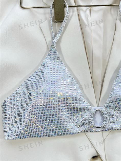 SHEIN Swim SXY Diamond Bikini Set Ring Linked Cami Bra Thong Bottom Piece Bathing Suit