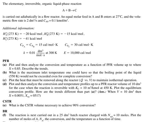 Solved The Elementary Irreversible Organic Liquid Phase Chegg