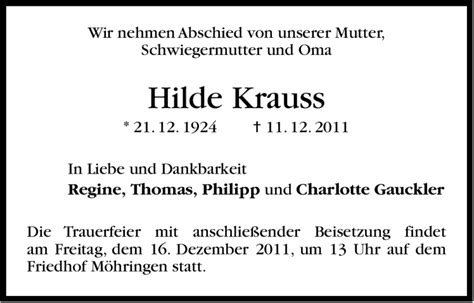 Traueranzeigen Von Hilde Krauss Stuttgart Gedenkt De