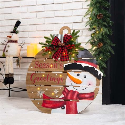 OFFICIAL Glitzhome 30 H Lighted Round Wooden Snowman Porch Décor