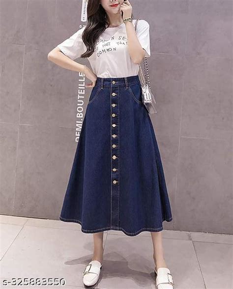 Navy Blue Buttoned A Line Maxi Denim Woman Skirt